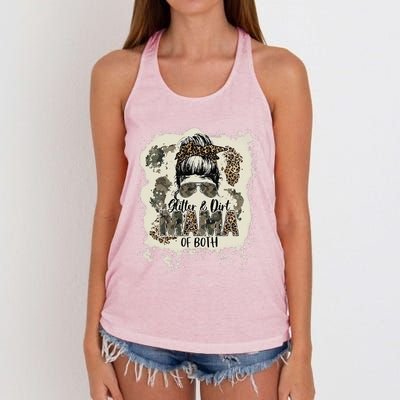 Mama Of Both Leopard Camo Messy Bun Bleached Women's Knotted Racerback Tank