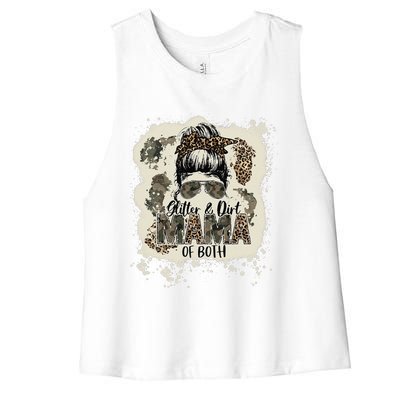 Mama Of Both Leopard Camo Messy Bun Bleached Women's Racerback Cropped Tank