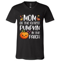 Mom Of Cutest Pumpkin In The Patch Halloween Thanksgiving V-Neck T-Shirt