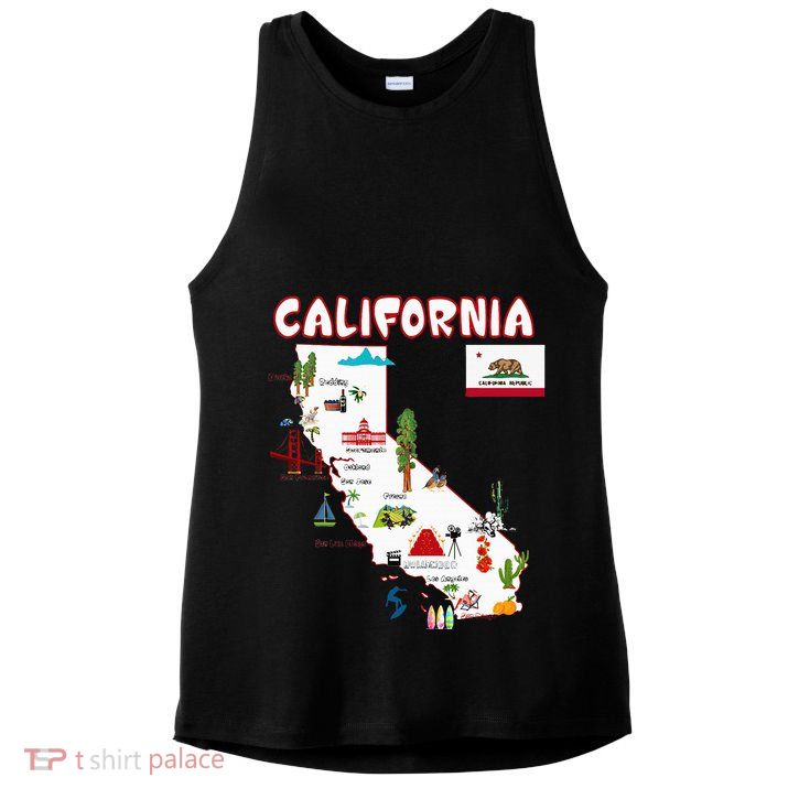Map Of California Landmarks Major Cities Flag Ladies PosiCharge Tri-Blend Wicking Tank