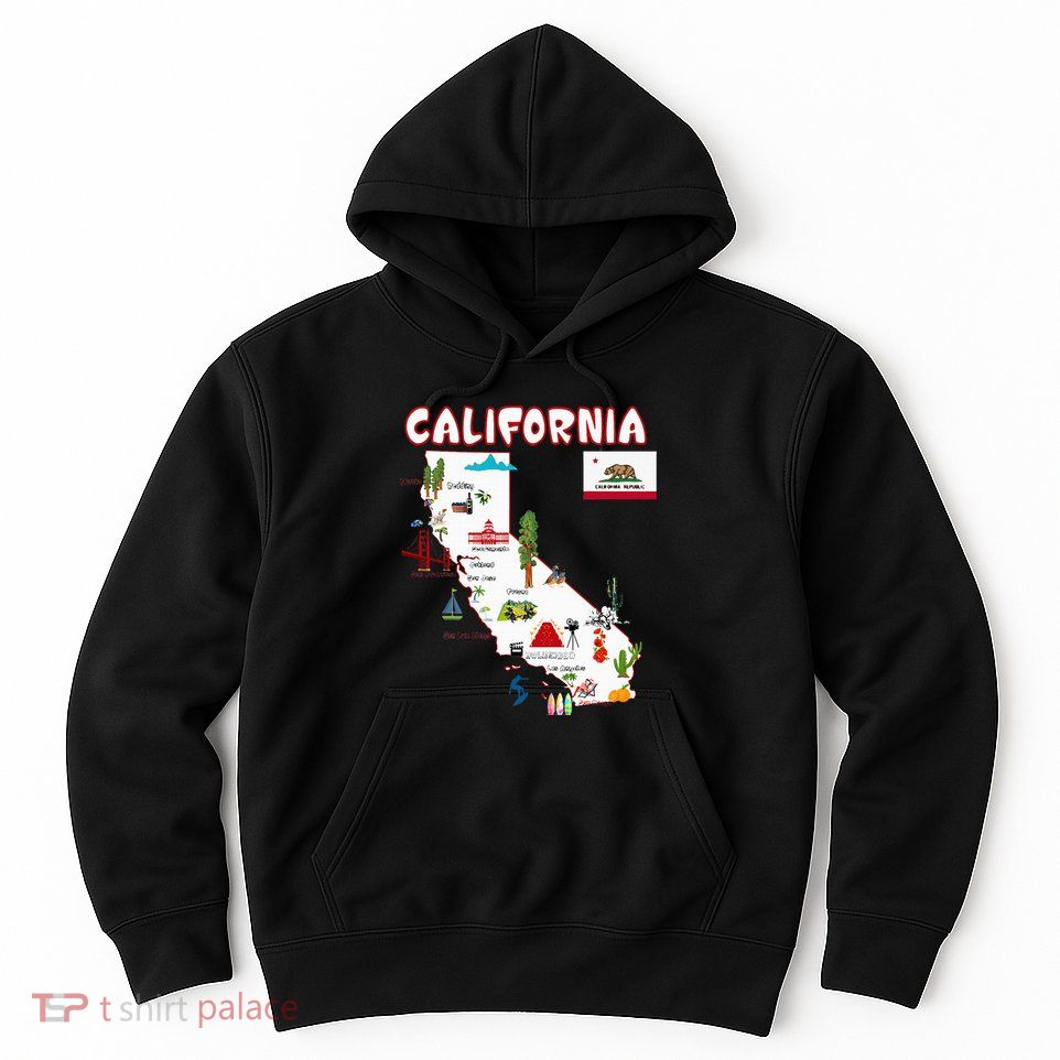 Map Of California Landmarks Major Cities Flag Hoodie