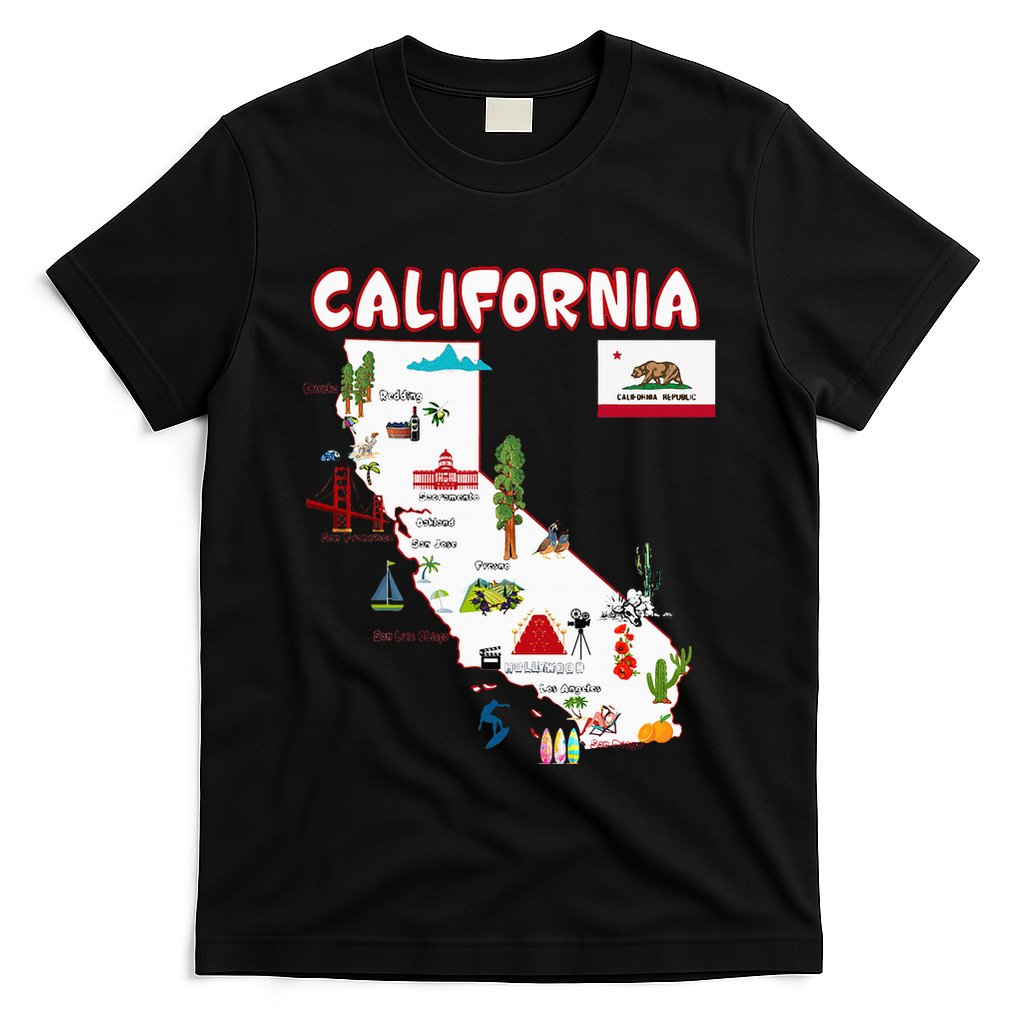 Map Of California Landmarks Major Cities Flag T-Shirt