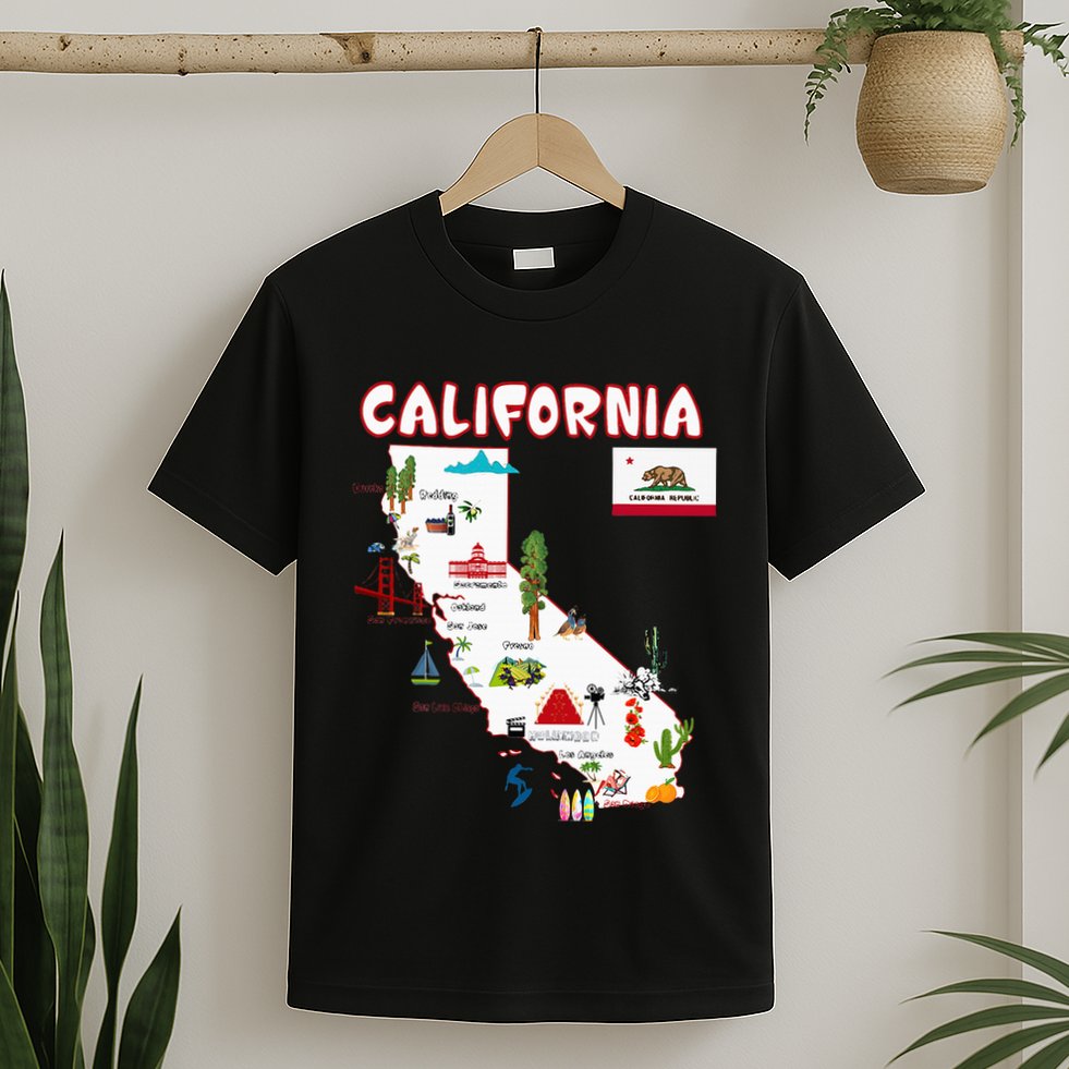 Map Of California Landmarks Major Cities Flag T-Shirt