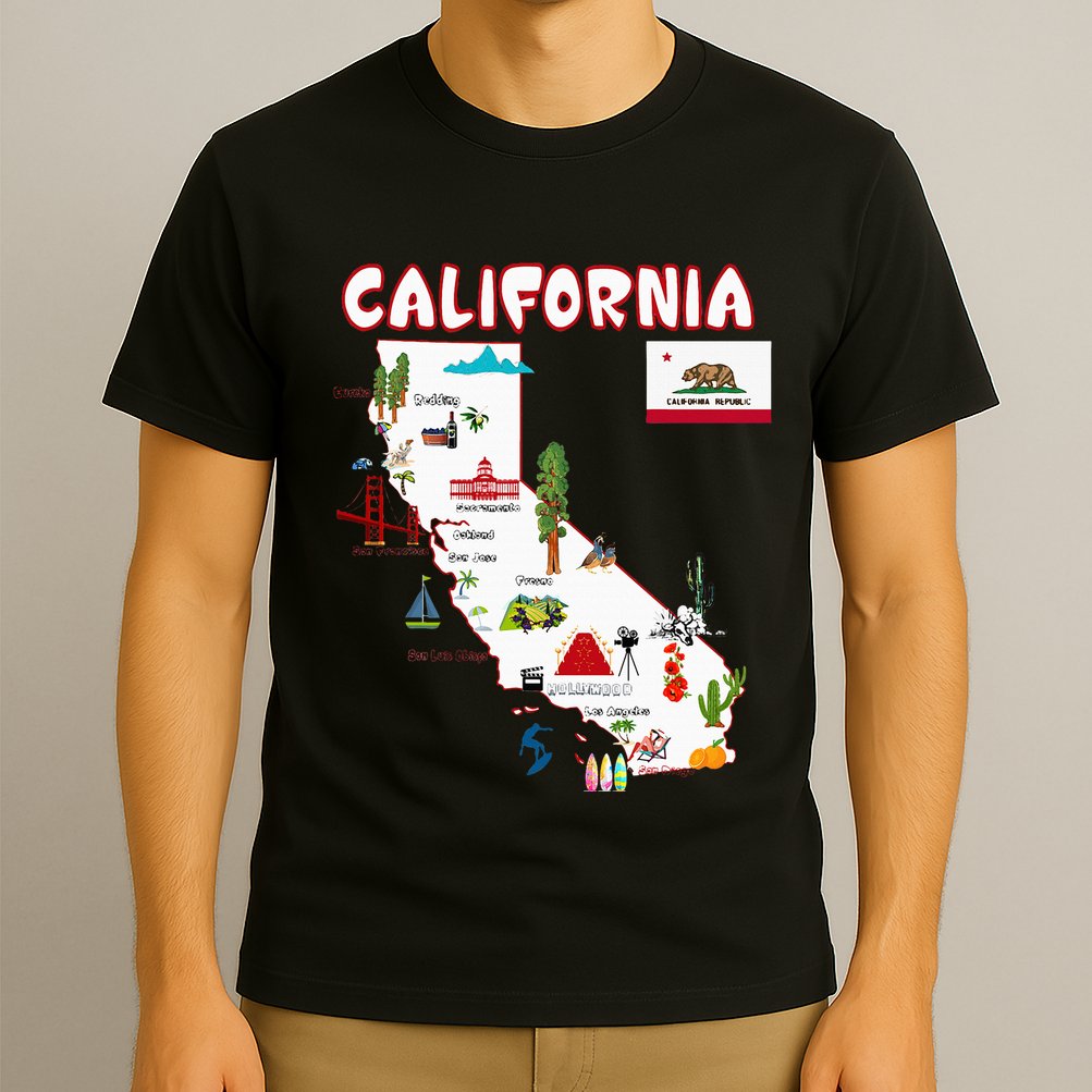 Map Of California Landmarks Major Cities Flag T-Shirt