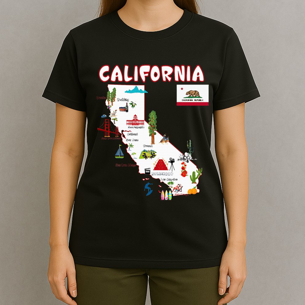 Map Of California Landmarks Major Cities Flag T-Shirt