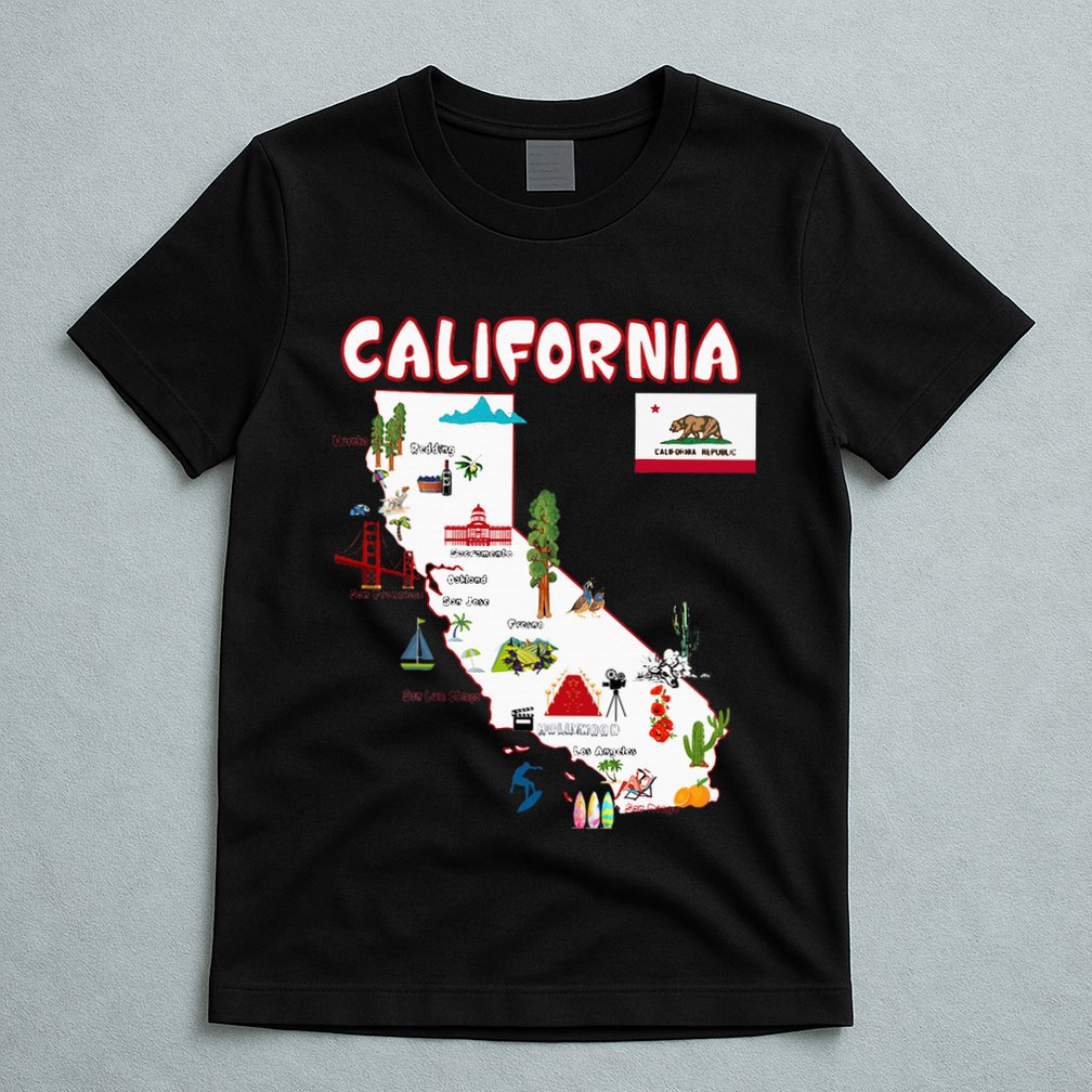 Map Of California Landmarks Major Cities Flag T-Shirt
