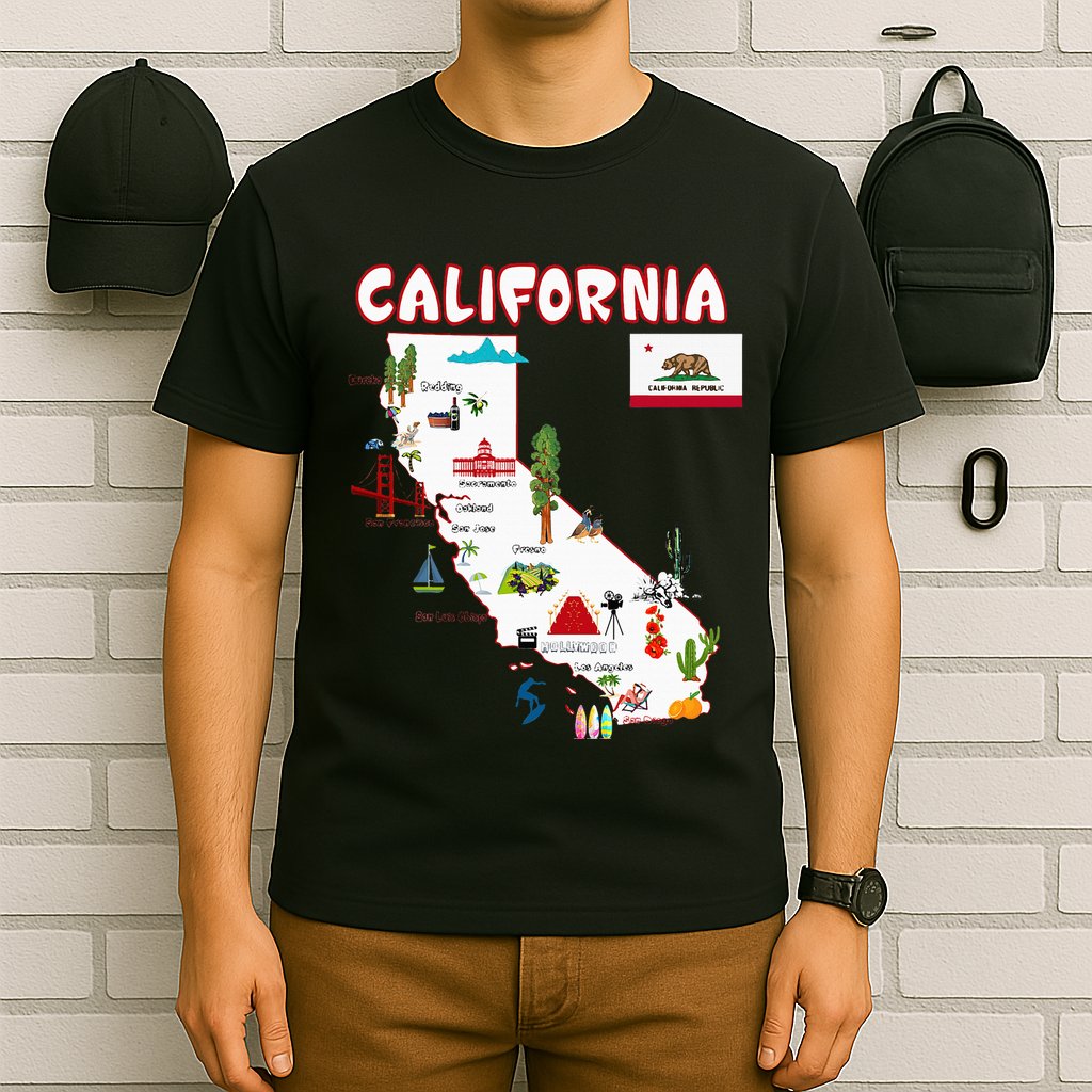 Map Of California Landmarks Major Cities Flag T-Shirt