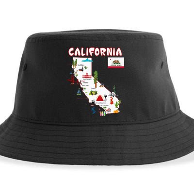 Map Of California Landmarks Major Cities Flag Sustainable Bucket Hat