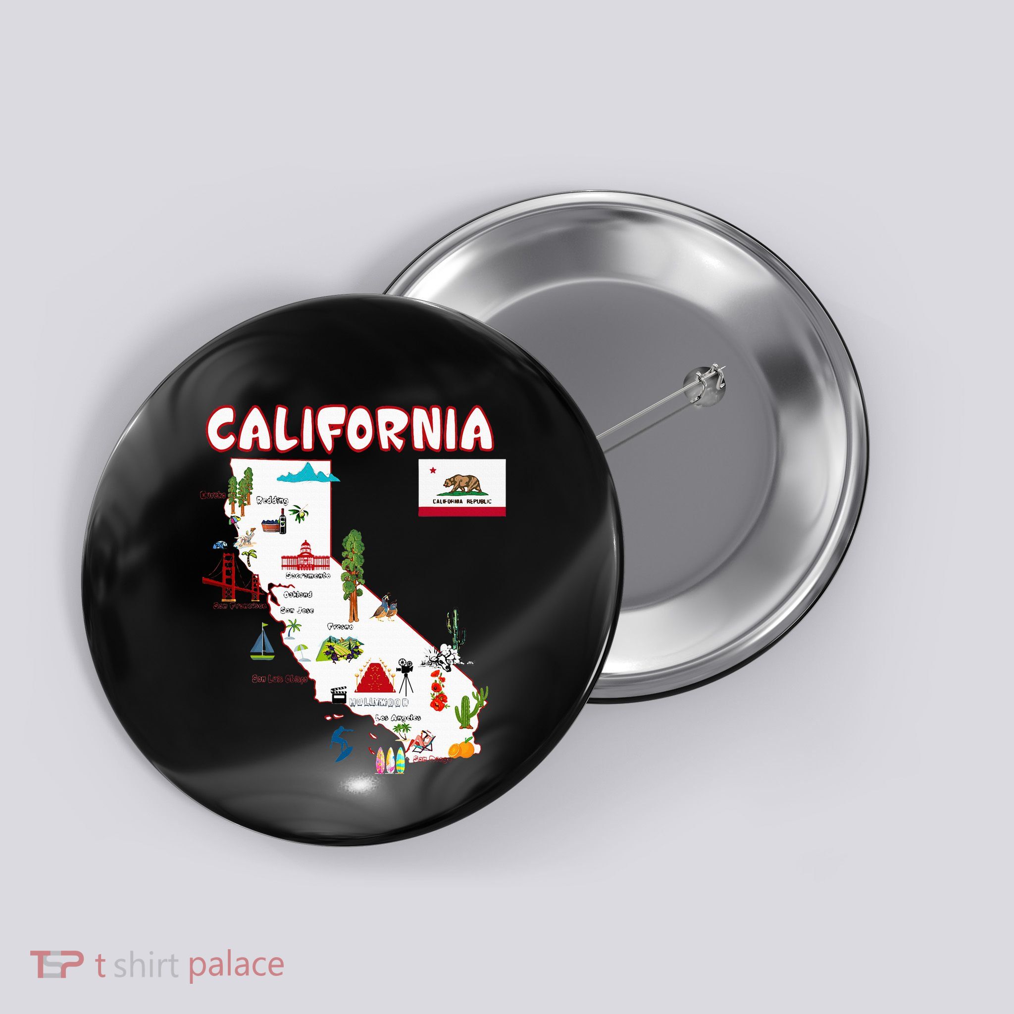 Map Of California Landmarks Major Cities Flag Button