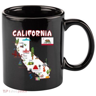 Map Of California Landmarks Major Cities Flag 11oz C Handle Ceramic Mug