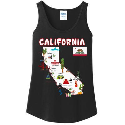 Map Of California Landmarks Major Cities Flag Ladies Essential Tank