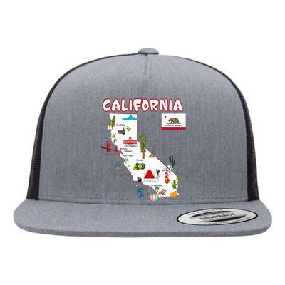 Map Of California Landmarks Major Cities Flag Flat Bill Trucker Hat