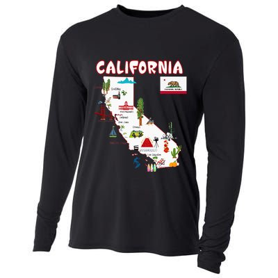 Map Of California Landmarks Major Cities Flag Cooling Performance Long Sleeve Crew