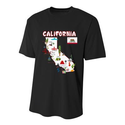 Map Of California Landmarks Major Cities Flag Youth Performance Sprint T-Shirt