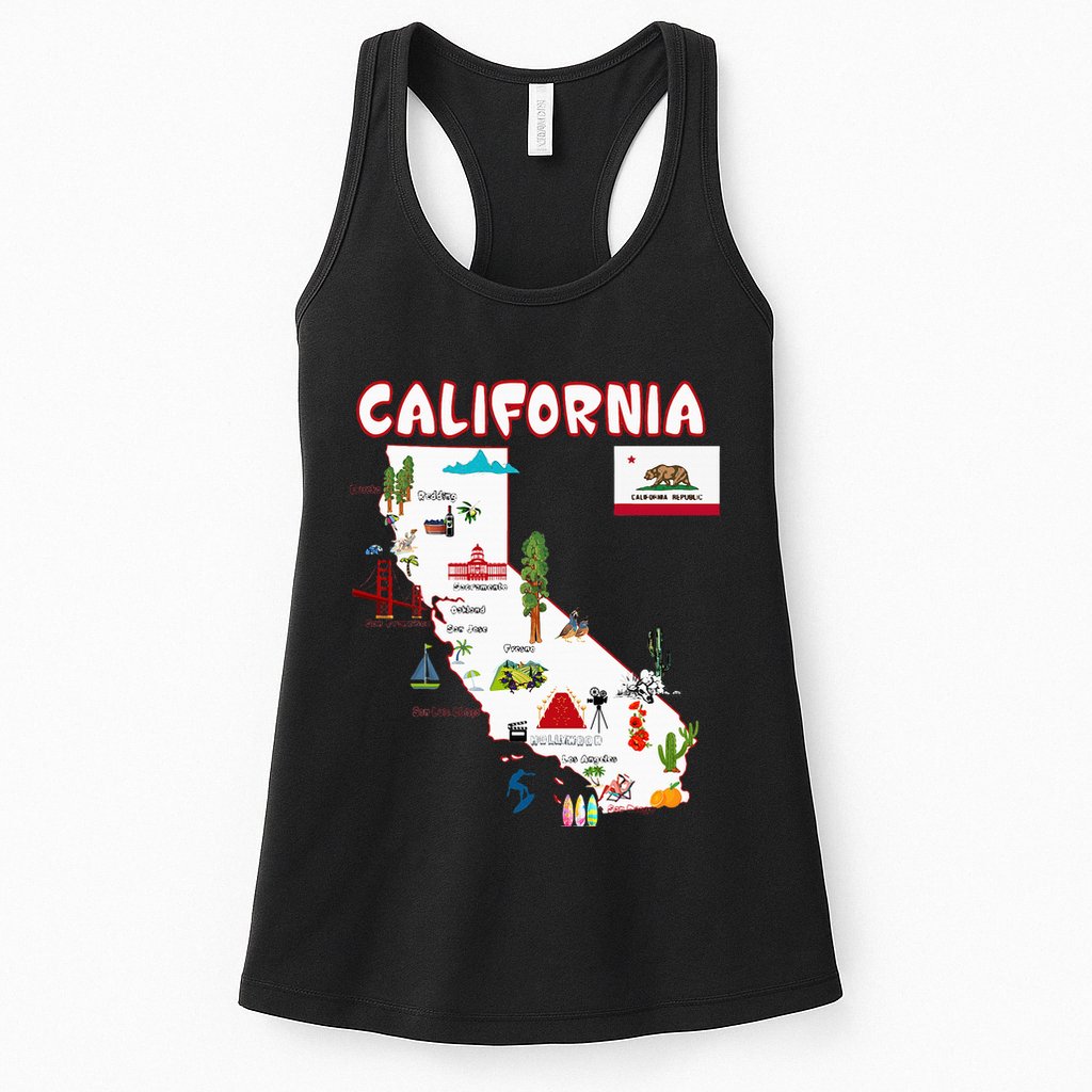 Map Of California Landmarks Major Cities Flag Womens Tank Top