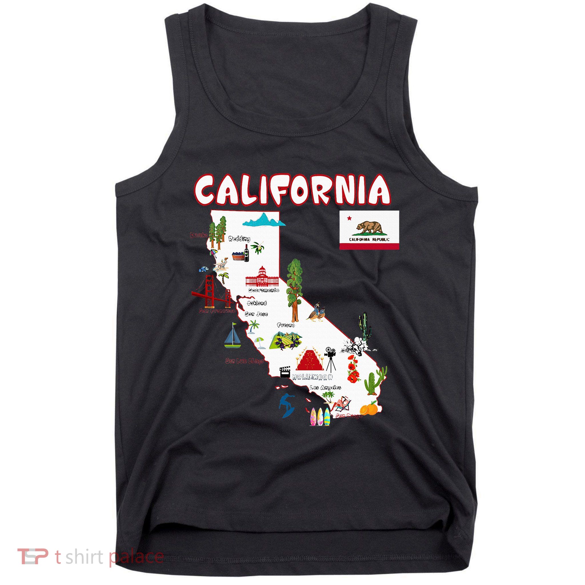 Map Of California Landmarks Major Cities Flag Tank Top