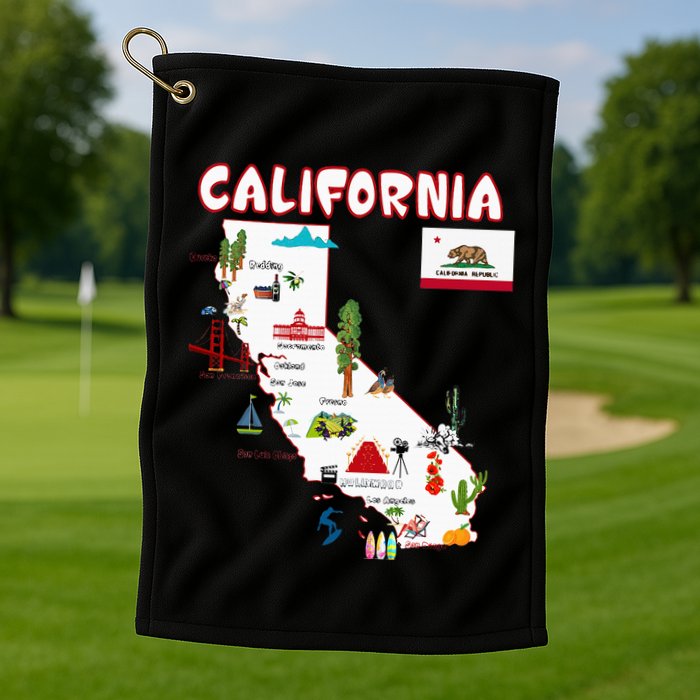 Map Of California Landmarks Major Cities Flag Golf Towel