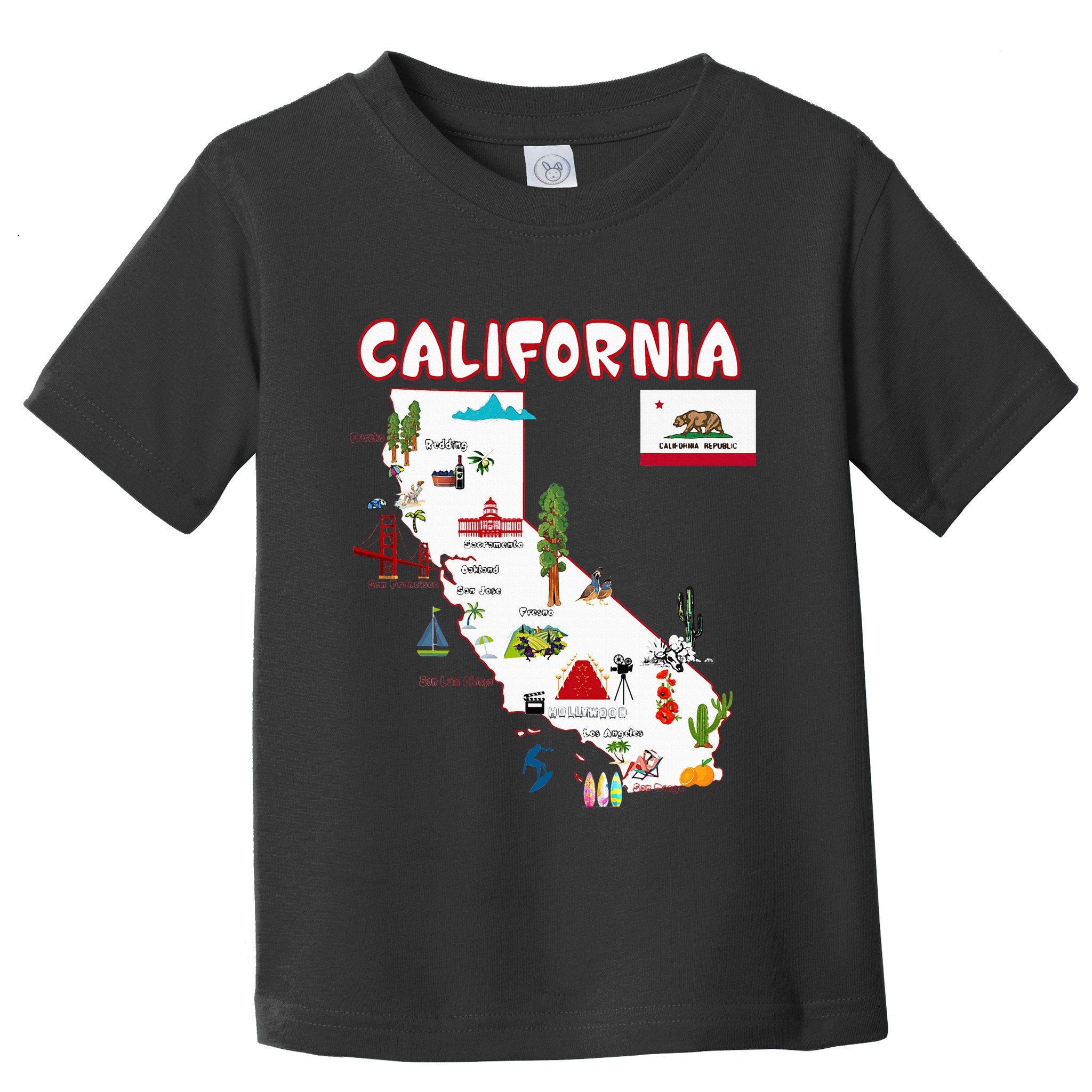 Map Of California Landmarks Major Cities Flag Toddler T-Shirt