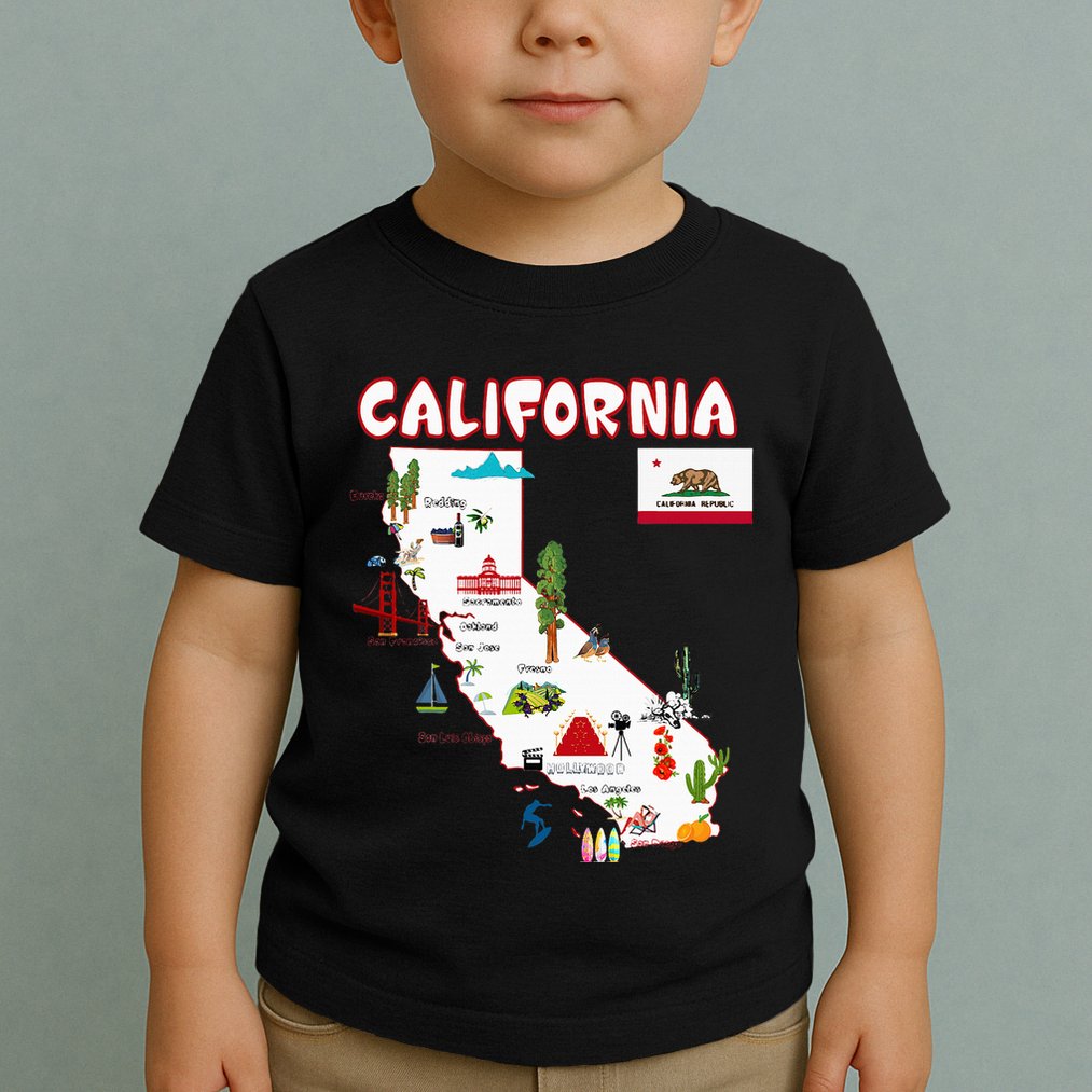 Map Of California Landmarks Major Cities Flag Toddler T-Shirt