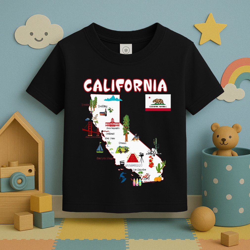 Map Of California Landmarks Major Cities Flag Toddler T-Shirt