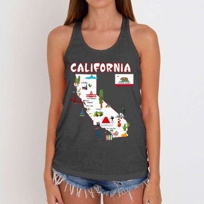 Map Of California Landmarks Major Cities Flag Women's Knotted Racerback Tank