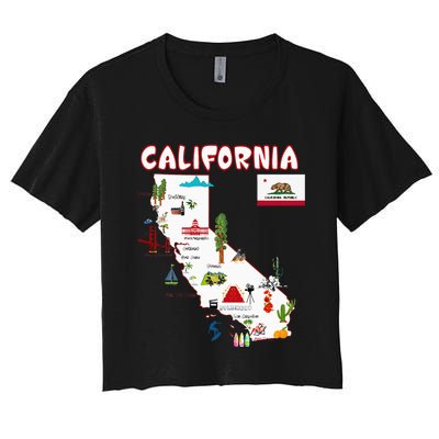 Map Of California Landmarks Major Cities Flag Women's Crop Top Tee