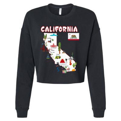 Map Of California Landmarks Major Cities Flag Cropped Pullover Crew