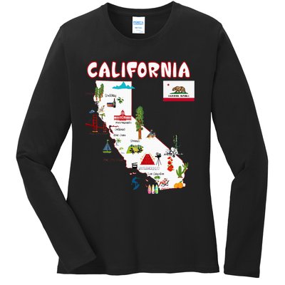 Map Of California Landmarks Major Cities Flag Ladies Long Sleeve Shirt