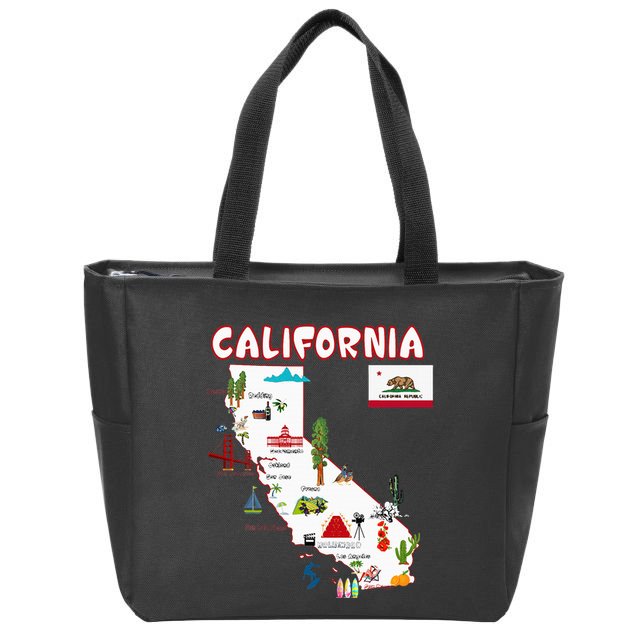 Map Of California Landmarks Major Cities Flag Zip Tote Bag