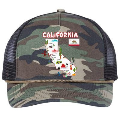 Map Of California Landmarks Major Cities Flag Retro Rope Trucker Hat Cap