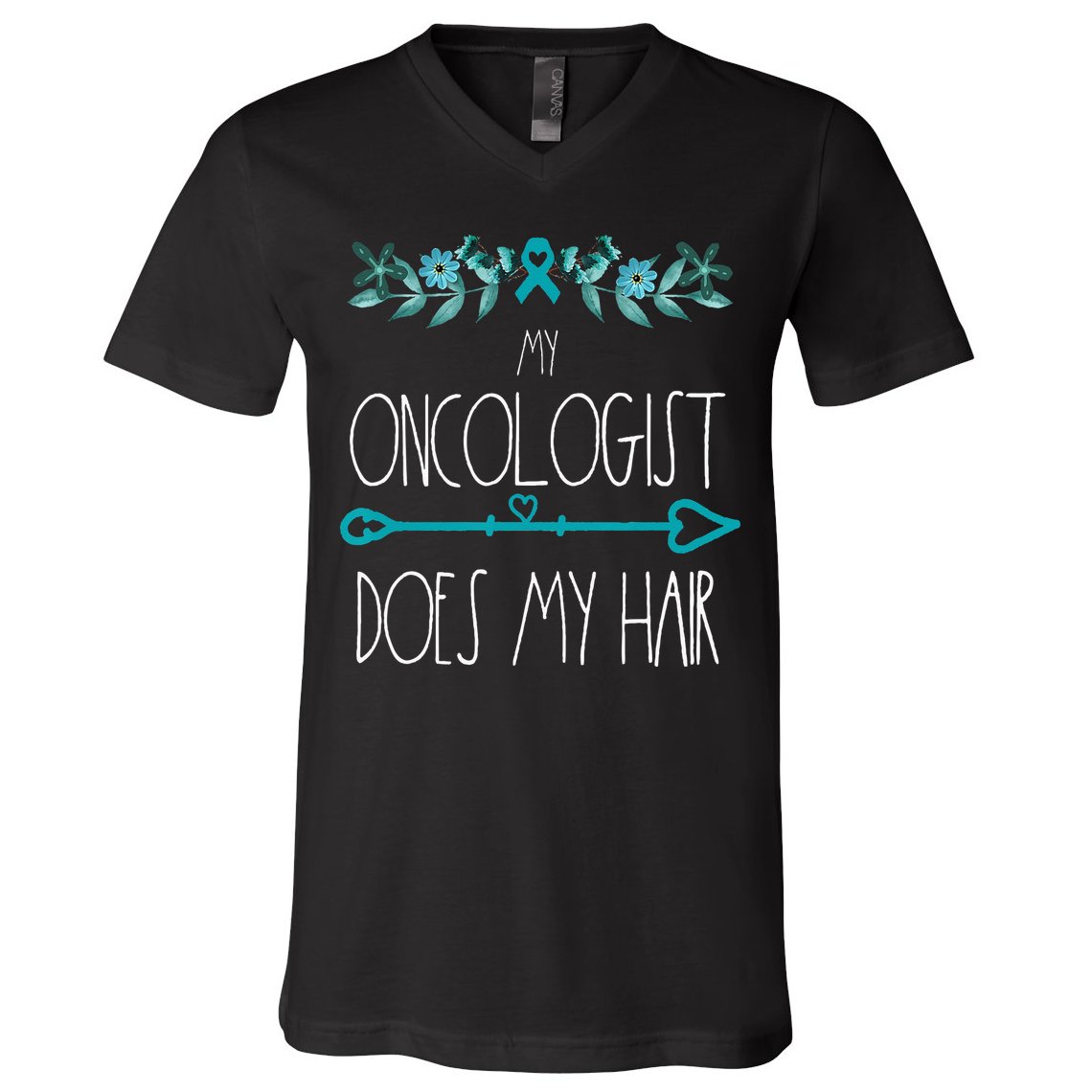 My Oncologist Does My Hair Ovarian Cancer Awareness Products V-Neck T-Shirt