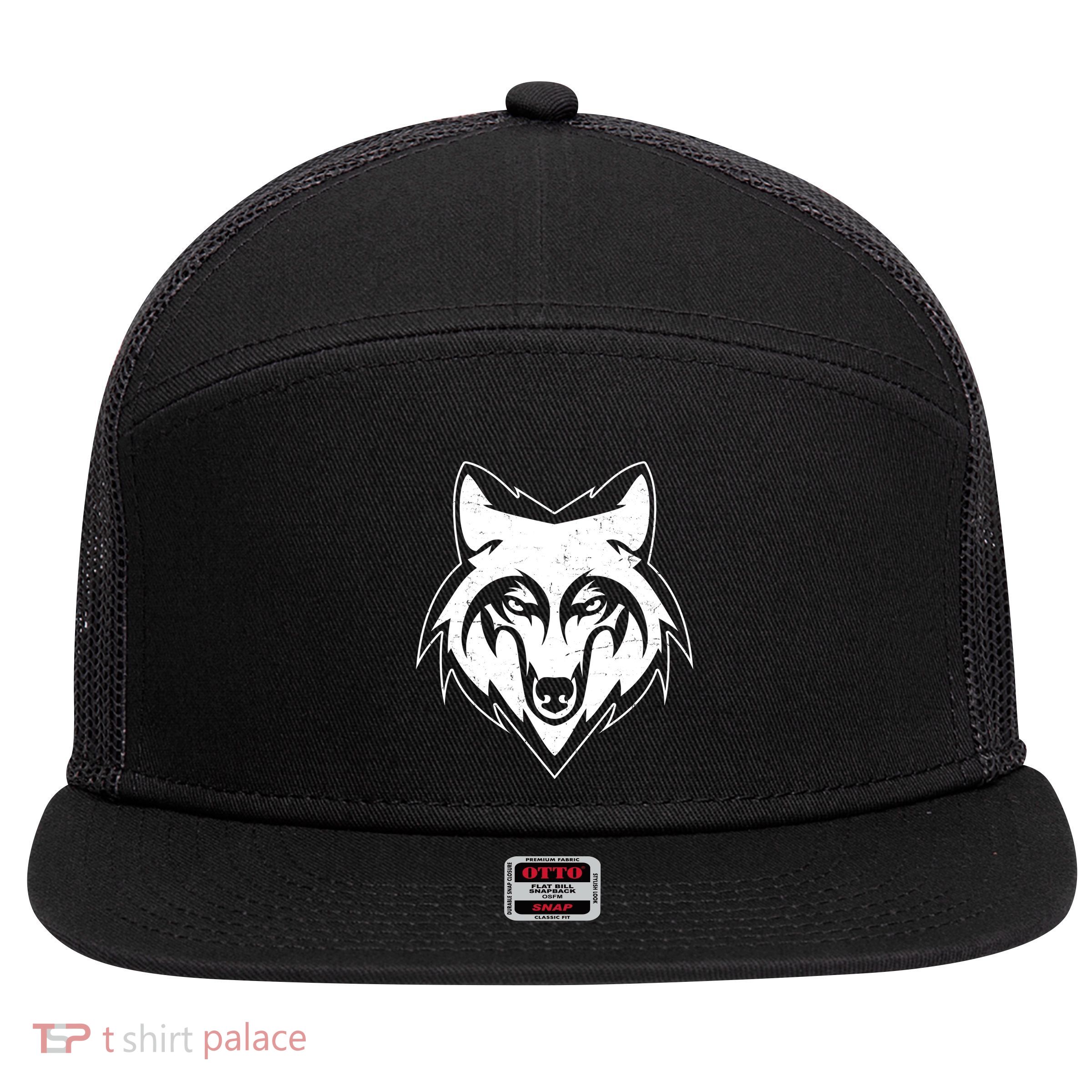 Modern Wolf Face Symbol 7 Panel Mesh Trucker Snapback Hat