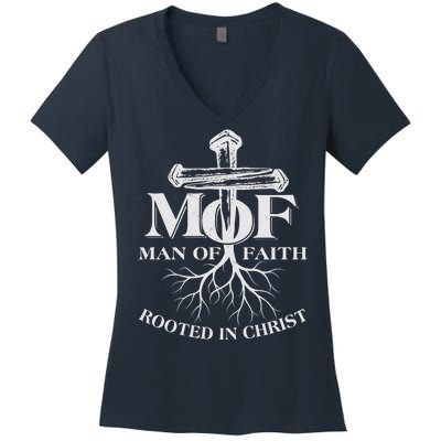 MOF Man of Faith Rooted In Christ Women's V-Neck T-Shirt