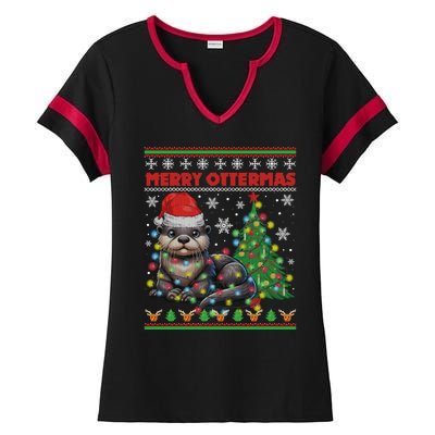 Merry Ottermas Funny Otter Lovers Christmas Ladies Halftime Notch Neck Tee