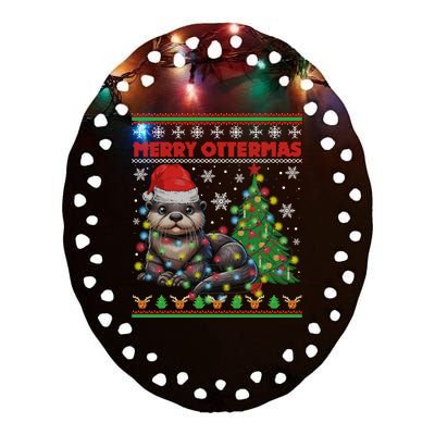 Merry Ottermas Funny Otter Lovers Christmas Ceramic Oval Ornament