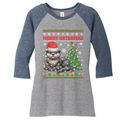 Merry Ottermas Funny Otter Lovers Christmas Women's Tri-Blend 3/4-Sleeve Raglan Shirt