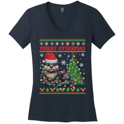 Merry Ottermas Funny Otter Lovers Christmas Women's V-Neck T-Shirt