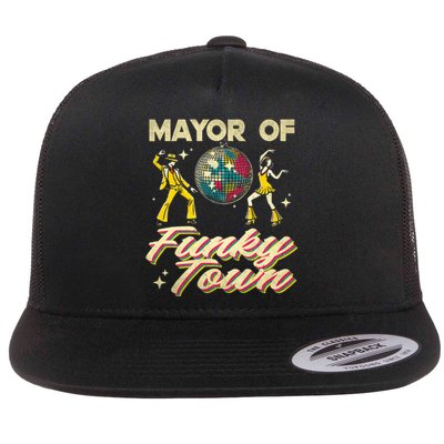 Mayor Of Funky Town Vintage Disco 80s Musician Funny Outfits Flat Bill Trucker Hat