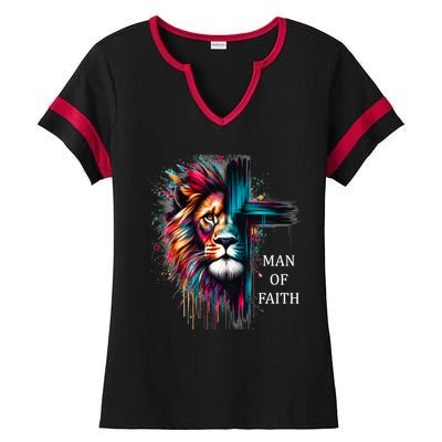 Man Of Faith Lion Jesus Christ Design Ladies Halftime Notch Neck Tee