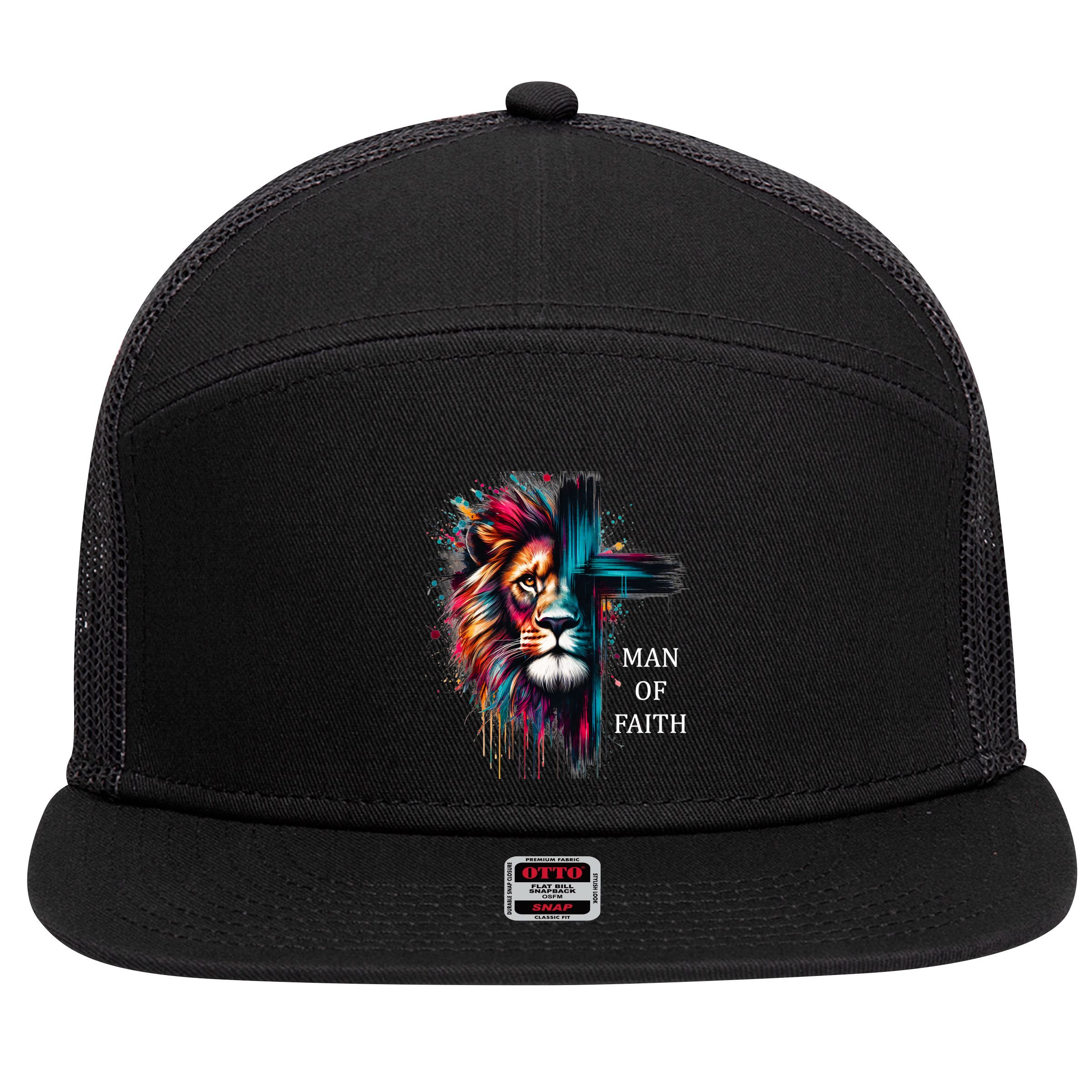 Man Of Faith Lion Jesus Christ Design 7 Panel Mesh Trucker Snapback Hat