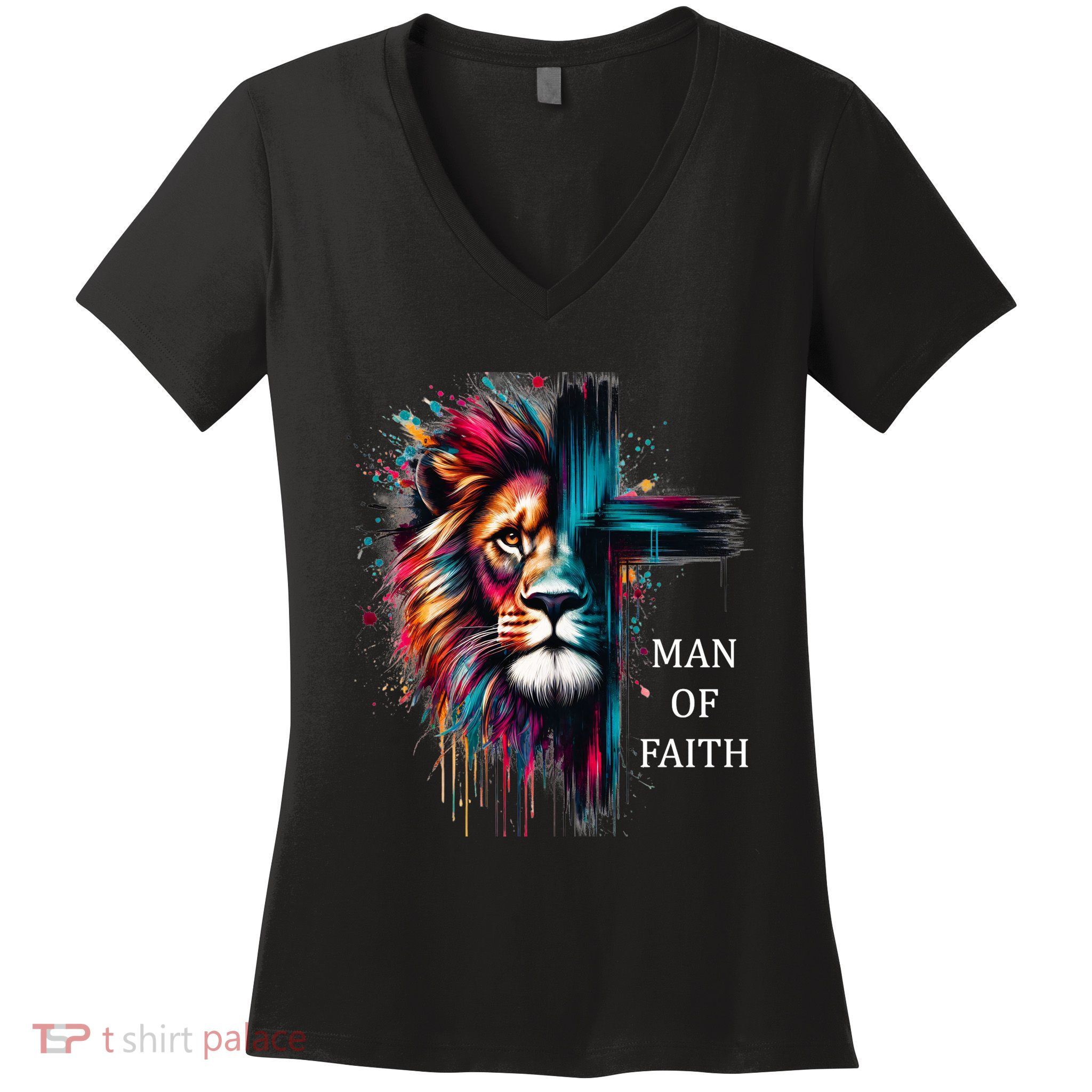 Man Of Faith Lion Jesus Christ Design Women's V-Neck T-Shirt