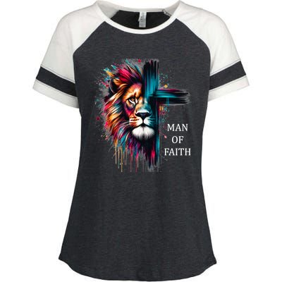 Man Of Faith Lion Jesus Christ Design Enza Ladies Jersey Colorblock Tee