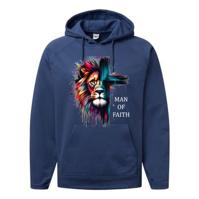 Man Of Faith Lion Jesus Christ Design Performance Fleece Hoodie