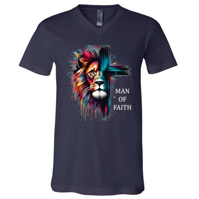 Man Of Faith Lion Jesus Christ Design V-Neck T-Shirt