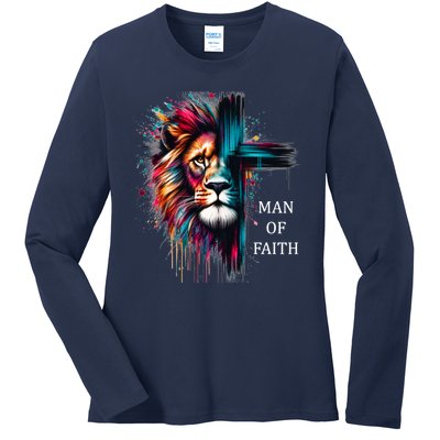 Man Of Faith Lion Jesus Christ Design Ladies Long Sleeve Shirt