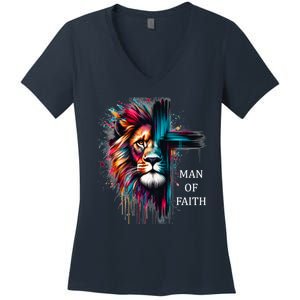 Man Of Faith Lion Jesus Christ Design Women's V-Neck T-Shirt