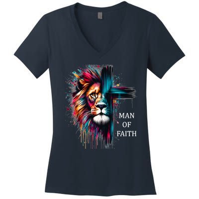 Man Of Faith Lion Jesus Christ Design Women's V-Neck T-Shirt