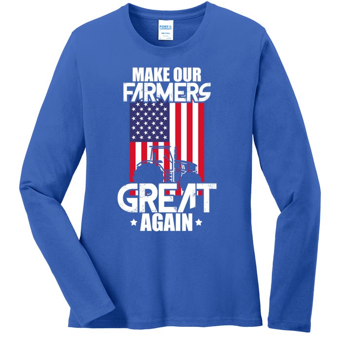 Make Our Farmer Great Again American Farmer Usa Flag Farming Gift Ladies Long Sleeve Shirt