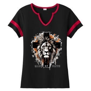 Man Of Faith Lion Of Juda Jesus Christ Cross Christian Catholic Ladies Halftime Notch Neck Tee