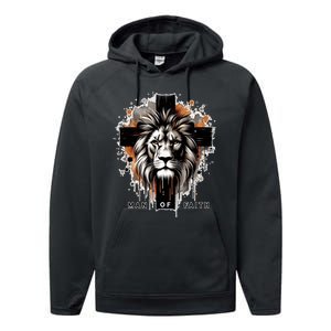 Man Of Faith Lion Of Juda Jesus Christ Cross Christian Catholic Performance Fleece Hoodie